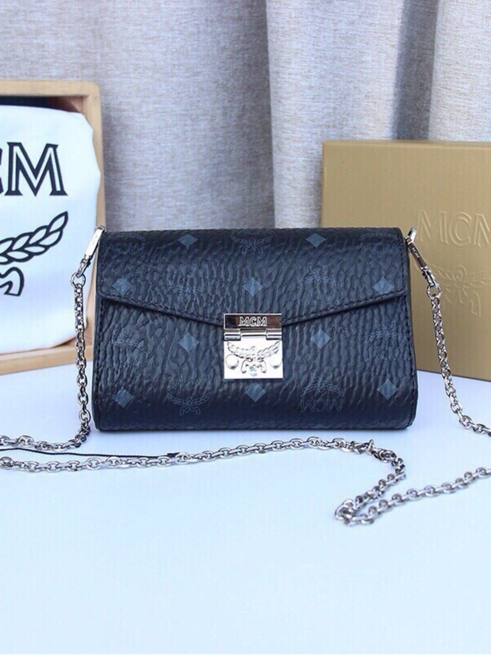 Black Monogram Quilted Leather Crossbody with Silver Chain